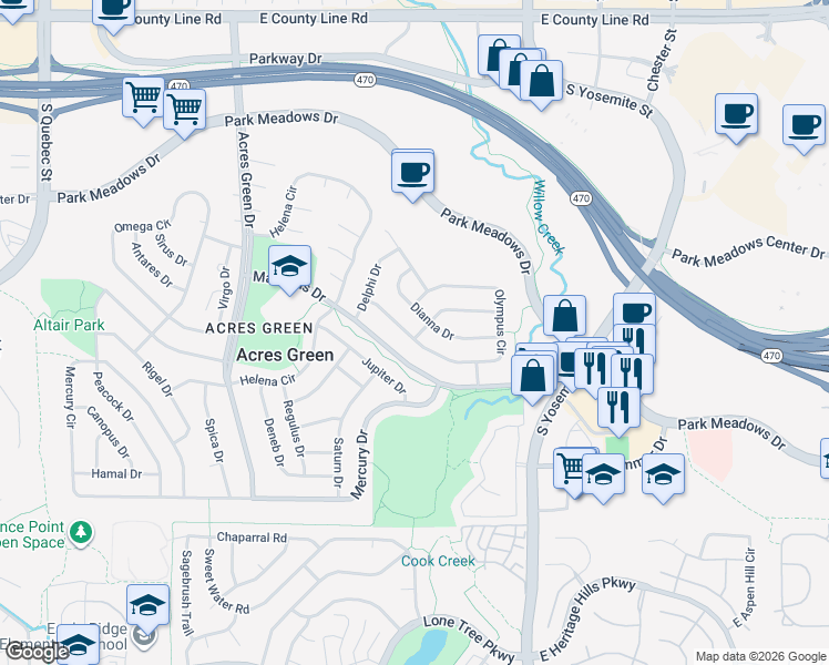 map of restaurants, bars, coffee shops, grocery stores, and more near 258 Olympus Circle in Lone Tree