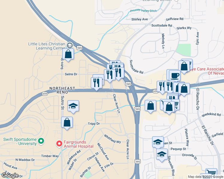 map of restaurants, bars, coffee shops, grocery stores, and more near N McCarran Blvd & Clear Acre Ln in Reno