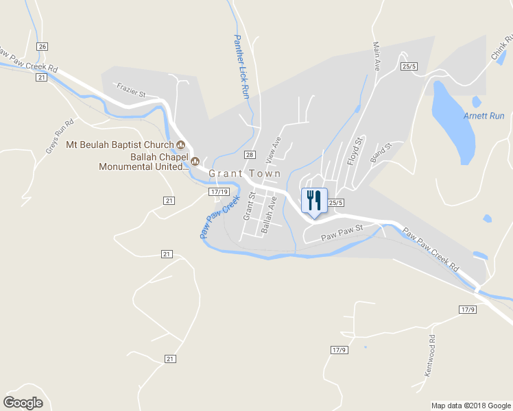 map of restaurants, bars, coffee shops, grocery stores, and more near 102 1st Street in Rivesville