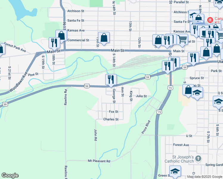 map of restaurants, bars, coffee shops, grocery stores, and more near 1400 U.S. 59 in Atchison