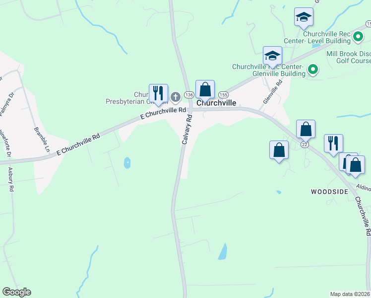 map of restaurants, bars, coffee shops, grocery stores, and more near 21 Calvary Road in Churchville