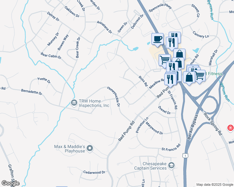 map of restaurants, bars, coffee shops, grocery stores, and more near 1603 Honeysuckle Drive in Forest Hill