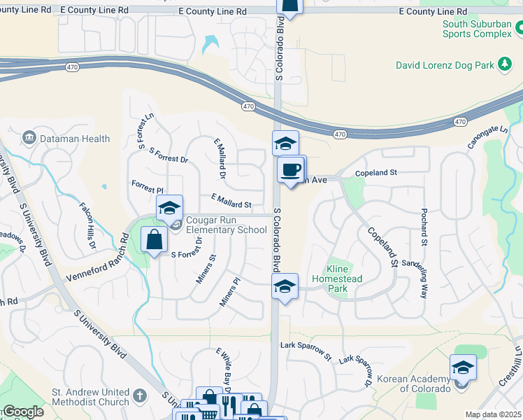 map of restaurants, bars, coffee shops, grocery stores, and more near 3849 East Mallard Street in Littleton