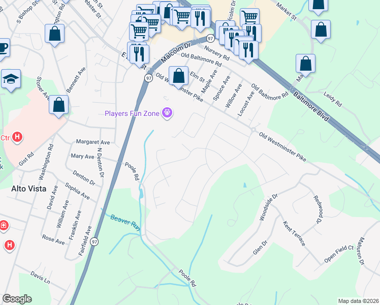 map of restaurants, bars, coffee shops, grocery stores, and more near 636 Friendship Road in Westminster
