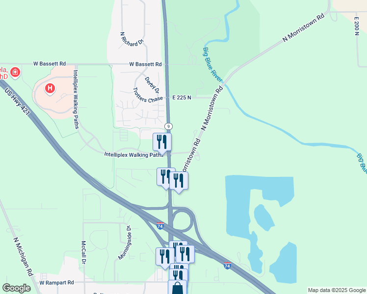 map of restaurants, bars, coffee shops, grocery stores, and more near 2200 North Riley Highway in Shelbyville