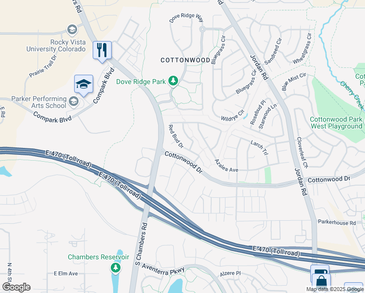 map of restaurants, bars, coffee shops, grocery stores, and more near 15889 Red Bud Drive in Parker