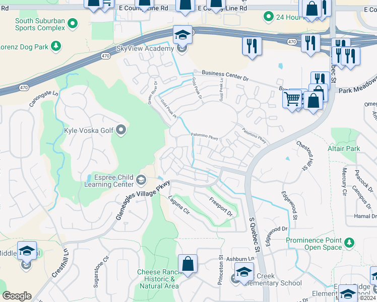 map of restaurants, bars, coffee shops, grocery stores, and more near 6500 Silver Mesa Drive in Littleton