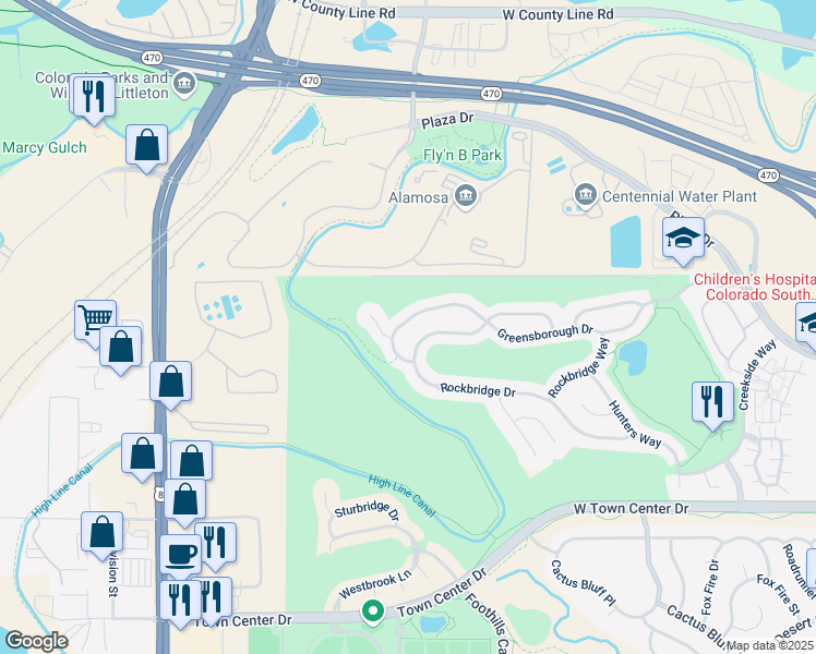 map of restaurants, bars, coffee shops, grocery stores, and more near 3206 Greensborough Dr in Littleton