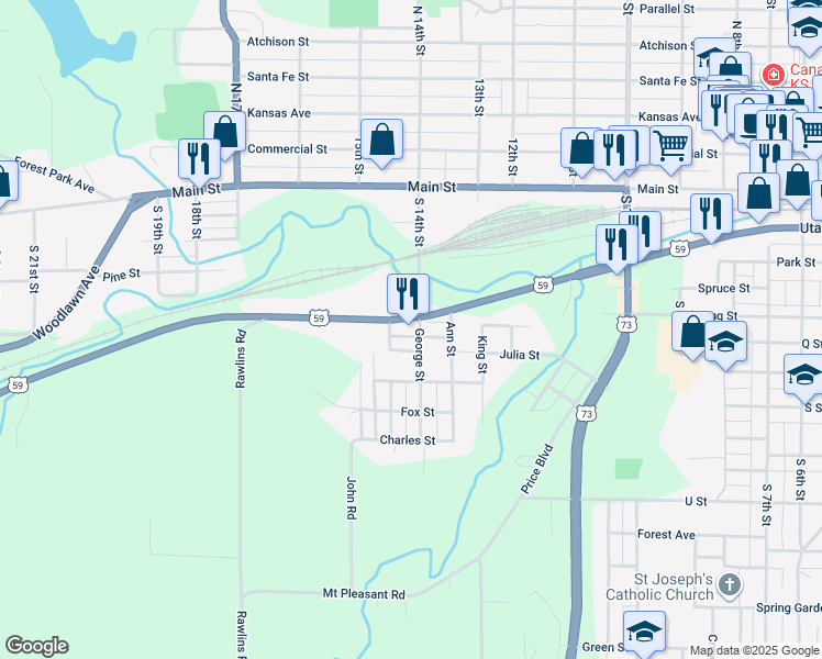map of restaurants, bars, coffee shops, grocery stores, and more near 1400 U.S. 59 in Atchison