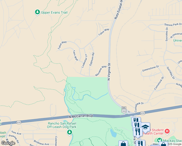 map of restaurants, bars, coffee shops, grocery stores, and more near 3240 Gypsum Road in Reno