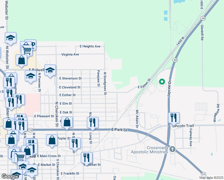 map of restaurants, bars, coffee shops, grocery stores, and more near 1121 East Esther Street in Taylorville