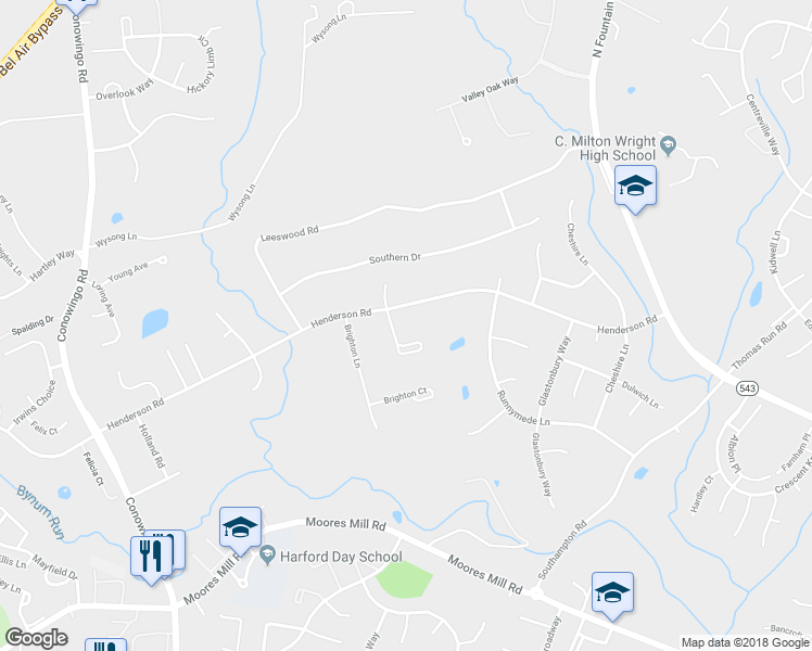 map of restaurants, bars, coffee shops, grocery stores, and more near 1215 Midwood Court in Bel Air