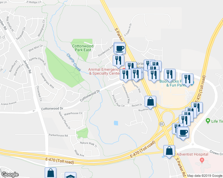 map of restaurants, bars, coffee shops, grocery stores, and more near 8847 Prickly Pear Circle in Parker