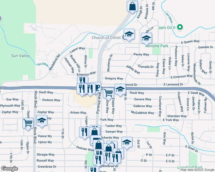 map of restaurants, bars, coffee shops, grocery stores, and more near 715 Lenwood Drive in Sparks