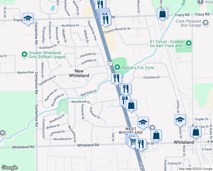 map of restaurants, bars, coffee shops, grocery stores, and more near 590 Brahmin Park Drive in Whiteland