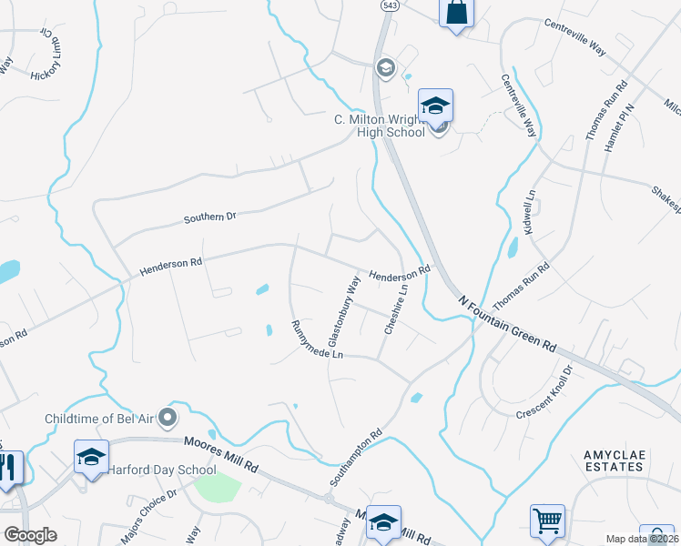 map of restaurants, bars, coffee shops, grocery stores, and more near 1110 Henderson Road in Bel Air