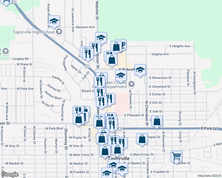 map of restaurants, bars, coffee shops, grocery stores, and more near 630 North Webster Street in Taylorville