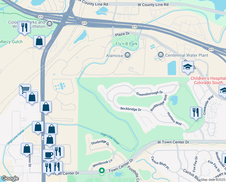 map of restaurants, bars, coffee shops, grocery stores, and more near 3206 Greensborough Drive in Littleton