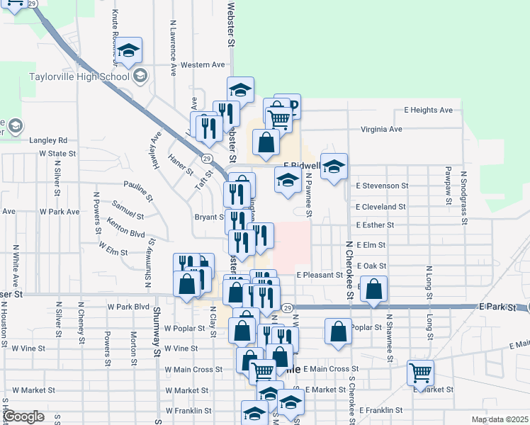 map of restaurants, bars, coffee shops, grocery stores, and more near 630 North Webster Street in Taylorville