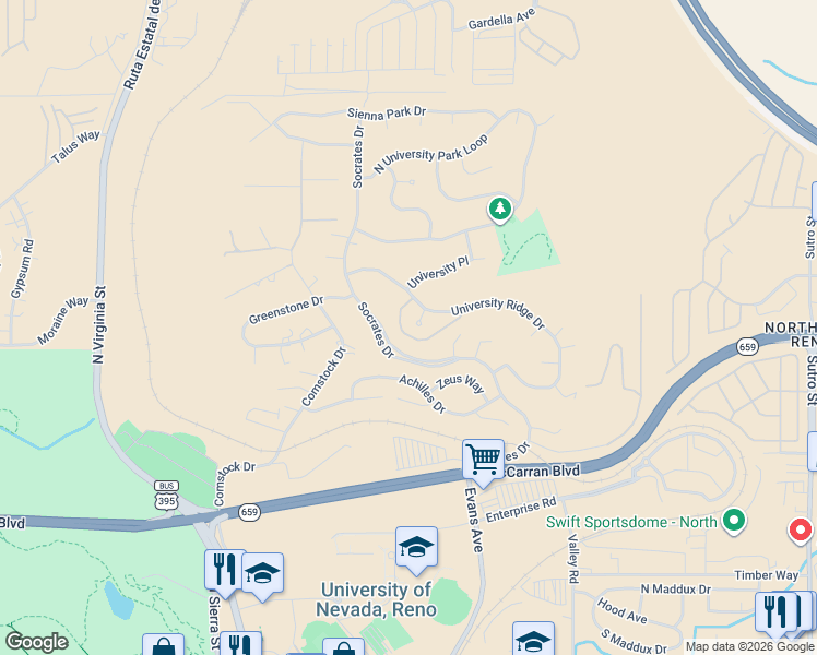 map of restaurants, bars, coffee shops, grocery stores, and more near 942 University Ridge Court in Reno