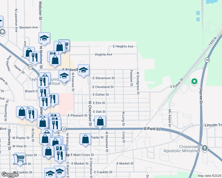 map of restaurants, bars, coffee shops, grocery stores, and more near 712 East Cleveland Street in Taylorville