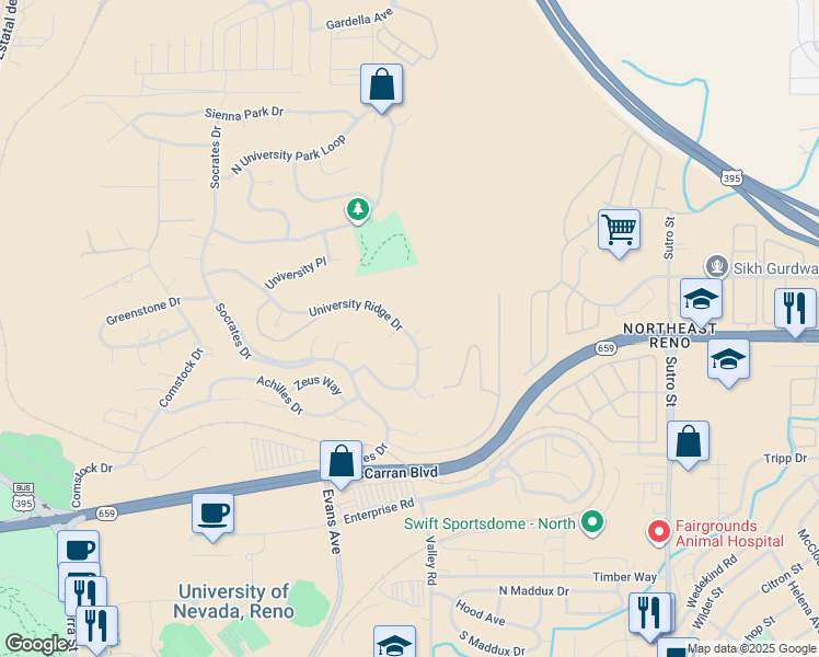 map of restaurants, bars, coffee shops, grocery stores, and more near 1094 University Ridge Drive in Reno