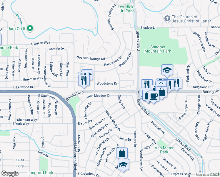 map of restaurants, bars, coffee shops, grocery stores, and more near 955 Madrone Circle in Sparks