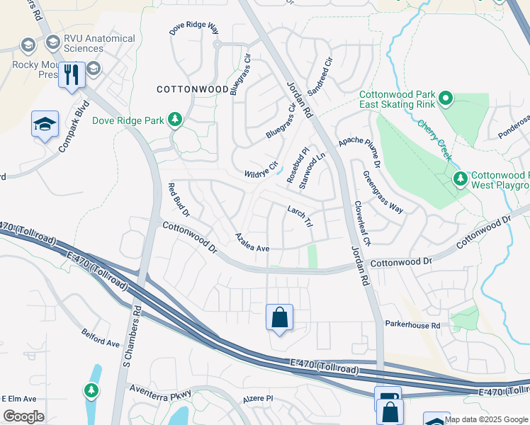 map of restaurants, bars, coffee shops, grocery stores, and more near 16275 Lanceleaf Point in Parker