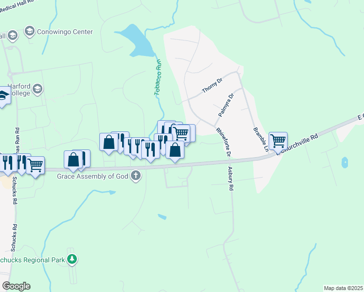 map of restaurants, bars, coffee shops, grocery stores, and more near 2458 Churchville Road in Bel Air