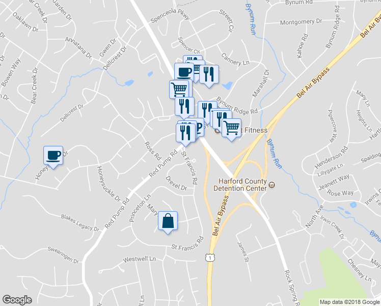 map of restaurants, bars, coffee shops, grocery stores, and more near 1425 Saint Francis Road in Bel Air