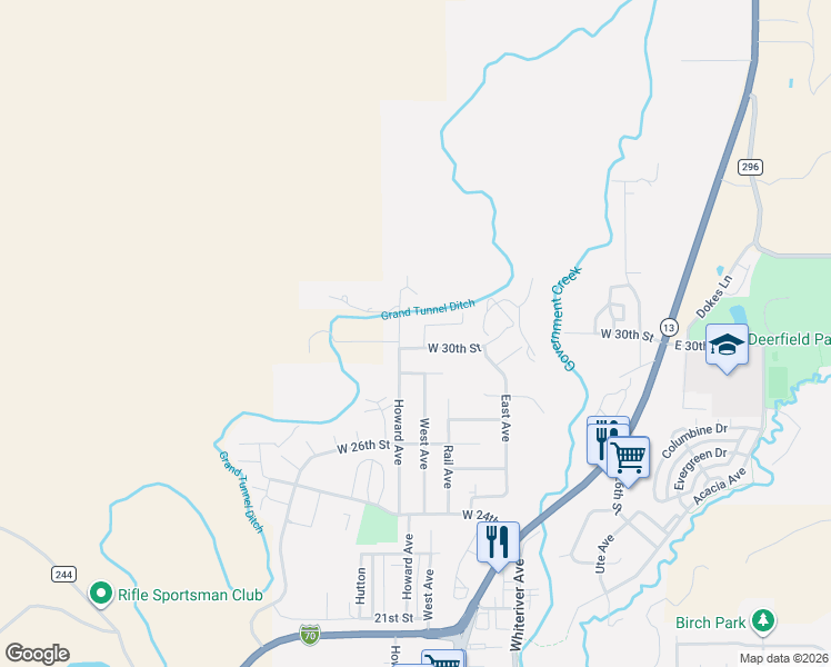 map of restaurants, bars, coffee shops, grocery stores, and more near 2950-2998 Howard Avenue in Rifle