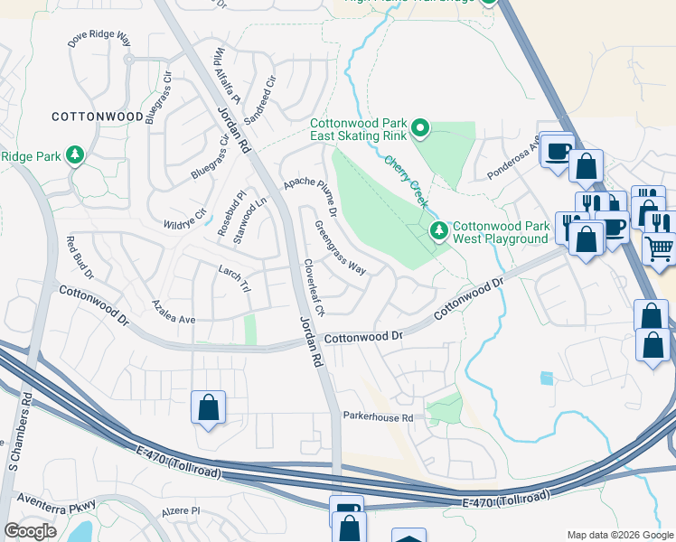map of restaurants, bars, coffee shops, grocery stores, and more near 8836 Clover Meadow Lane in Parker