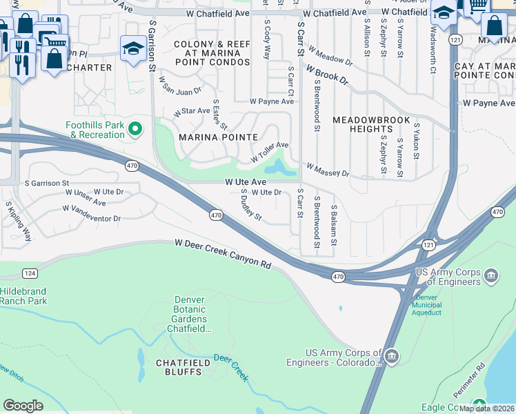 map of restaurants, bars, coffee shops, grocery stores, and more near 8828 South Dudley Street in Littleton