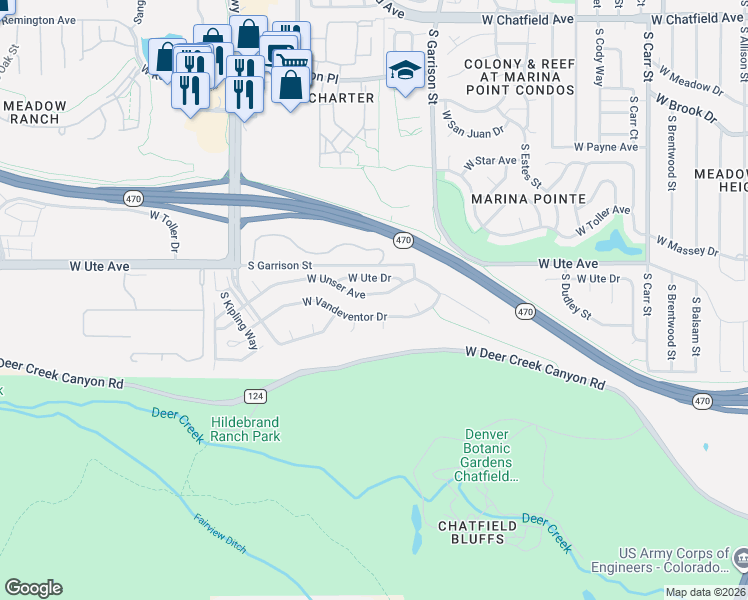 map of restaurants, bars, coffee shops, grocery stores, and more near 9337 West Vandeventor Drive in Littleton