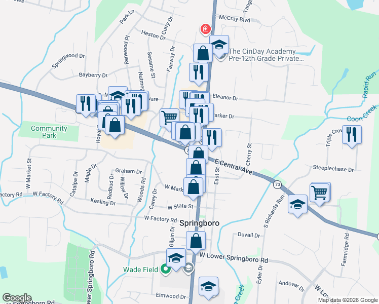 map of restaurants, bars, coffee shops, grocery stores, and more near 5 Reed Road in Springboro