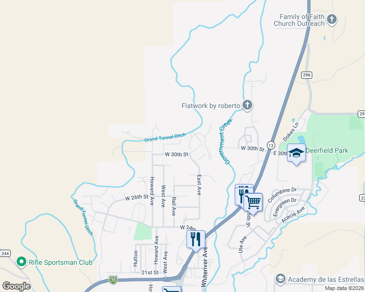 map of restaurants, bars, coffee shops, grocery stores, and more near 516 West 30th Street in Rifle