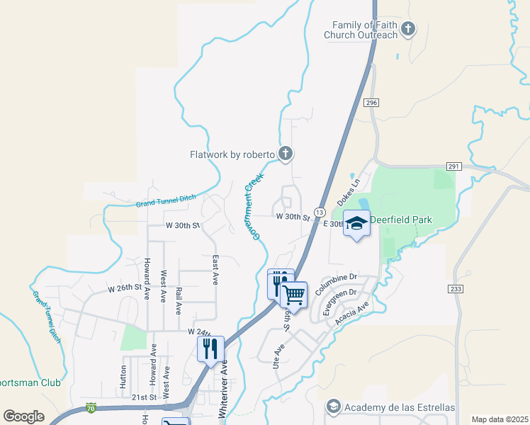 map of restaurants, bars, coffee shops, grocery stores, and more near 2043 Colorado 13 in Rifle