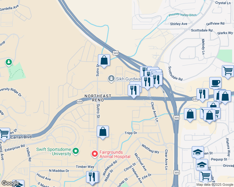 map of restaurants, bars, coffee shops, grocery stores, and more near 2916 Tierra Verde West in Reno