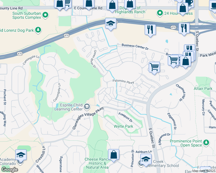 map of restaurants, bars, coffee shops, grocery stores, and more near 6402 Silver Mesa Drive in Highlands Ranch