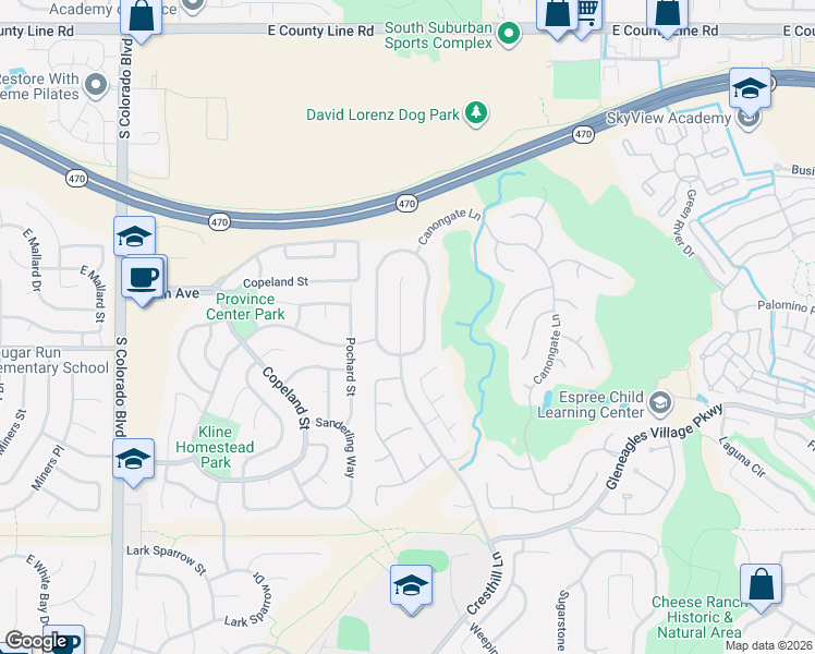 map of restaurants, bars, coffee shops, grocery stores, and more near 8785 Cresthill Lane in Littleton