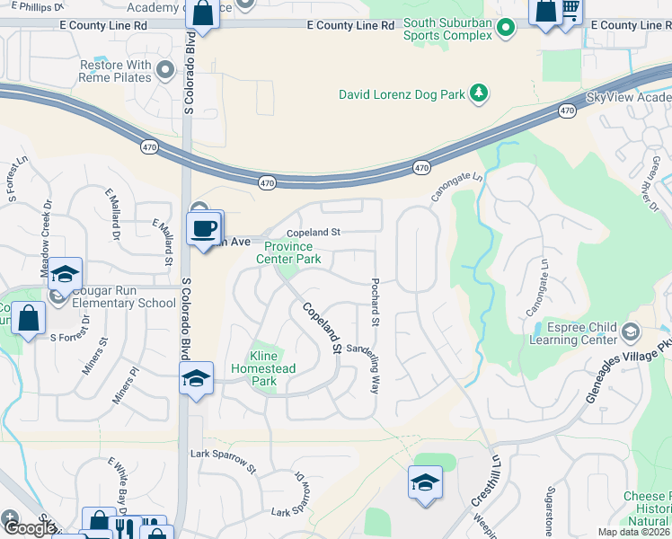map of restaurants, bars, coffee shops, grocery stores, and more near 8715 Goosander Way in Littleton