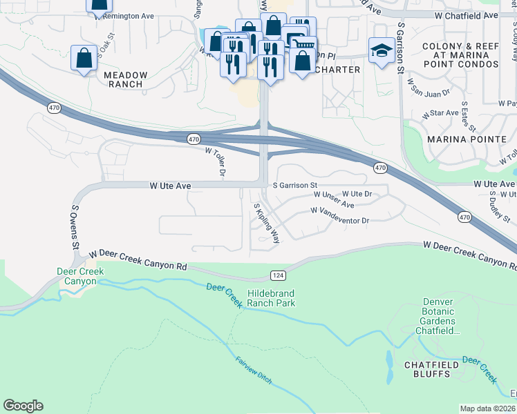 map of restaurants, bars, coffee shops, grocery stores, and more near 8779 South Kipling Way in Littleton