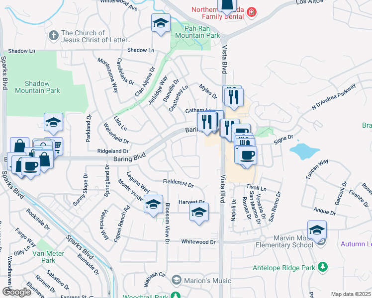 map of restaurants, bars, coffee shops, grocery stores, and more near 1855 Baring Boulevard in Sparks