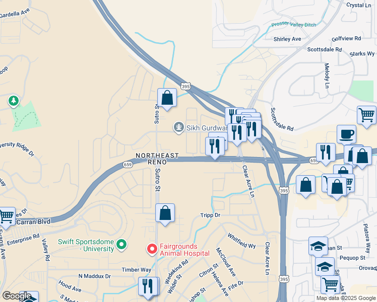 map of restaurants, bars, coffee shops, grocery stores, and more near 2916 Tierra Verde West in Reno