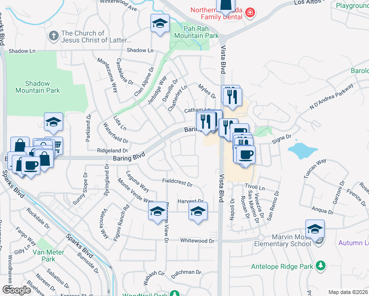 map of restaurants, bars, coffee shops, grocery stores, and more near 1855 Baring Boulevard in Sparks