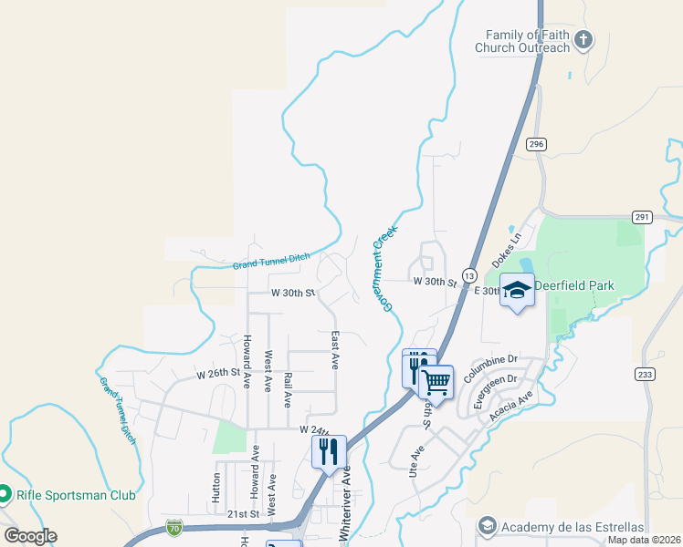 map of restaurants, bars, coffee shops, grocery stores, and more near 260 West 29th Street in Rifle