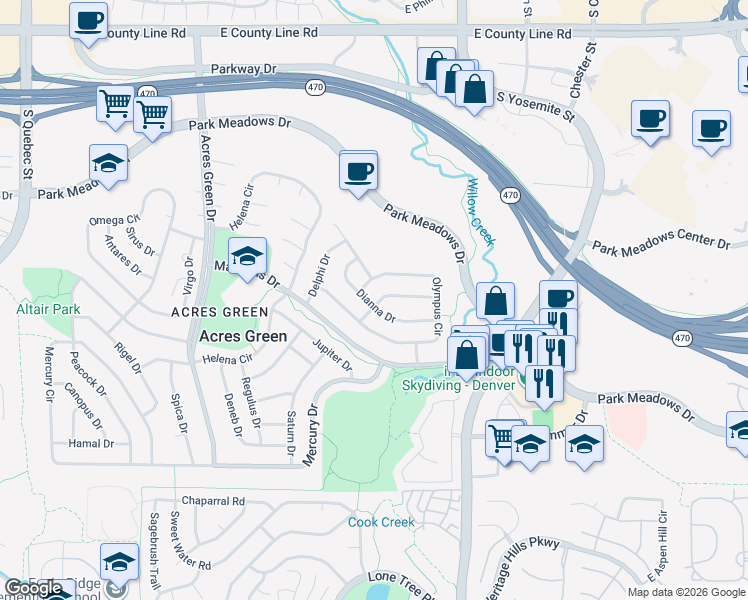 map of restaurants, bars, coffee shops, grocery stores, and more near 180 Dianna Drive in Lone Tree