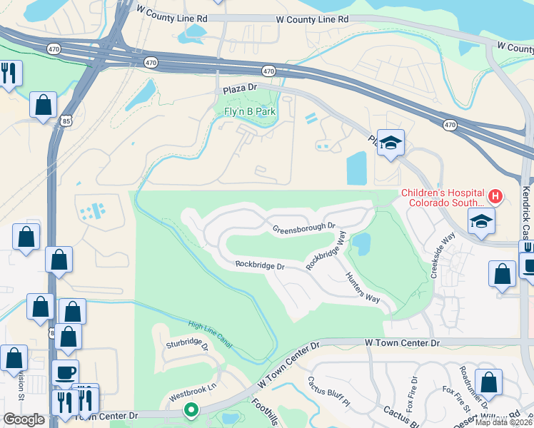 map of restaurants, bars, coffee shops, grocery stores, and more near 3201 Rockbridge Drive in Littleton