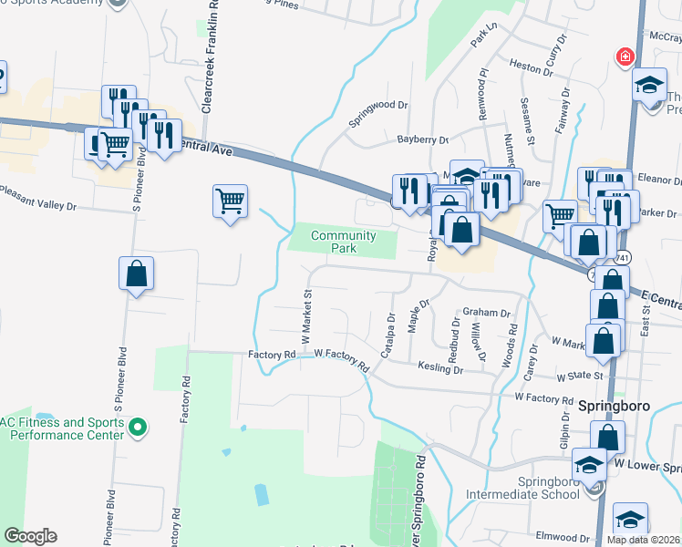 map of restaurants, bars, coffee shops, grocery stores, and more near 45 Roundtree Court in Springboro