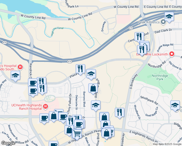 map of restaurants, bars, coffee shops, grocery stores, and more near 640 Plaza Drive in Littleton